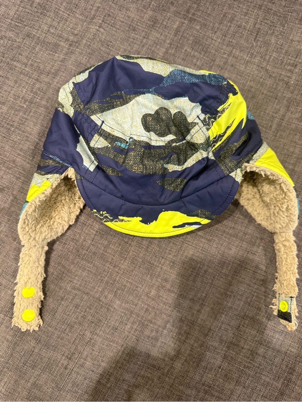 Patagonia Kids Earflap Winter Hat - Navy and Neon Yellow